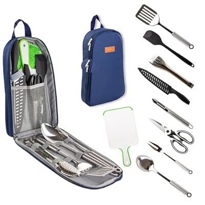 LIFE 2 GO 9-Piece Portable Camp Kitchen Utensil Organizer Set for Indoor or Outdoor-100% Stainless Cookware Kit is Perfect for Travel, Picnics, RVs, Camping, Hiking, BBQs, Parties, Potlucks and more