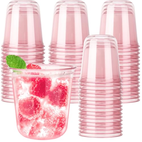 Xuelimei 50pcs 12oz Disposable Stemless Glasses PET Disposable Drinking Cups Cold Party Clear Plastic Wine Glasses for Parties Birthday Wedding Meeting Christmas Party Supplies. (Pink)