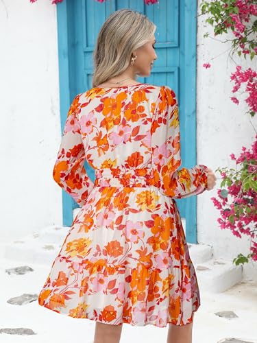 Image of Simplee Womens Spring Floral Mini Dress Long Sleeve Boho Chiffon Short Dress Casual Flowy Fall Wedding Guest Dresses