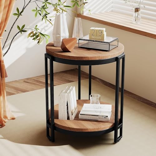 Image of Hamdan Round Coffee Table,Rustic Wood with Storage Shelf, Modern Farmhouse Circle Coffee Table Tray Table with Sturdy Metal Legs Home Furniture (Black Brown)