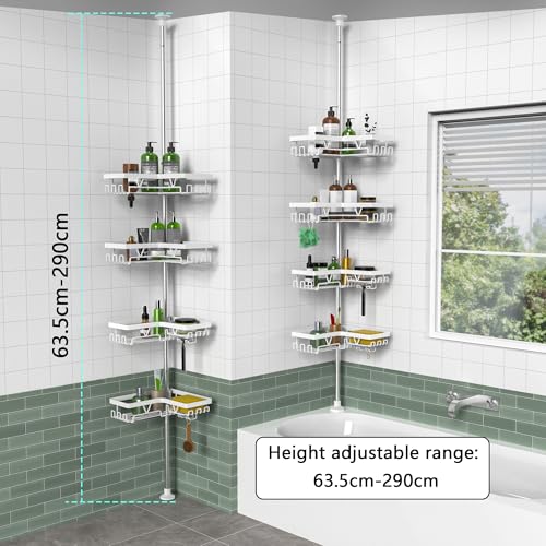 Image of KEGII Corner Shower Caddy Tension Pole - 4-Tier Rustproof Bathroom Organizer, Floor to Ceiling Shower Caddy 25-114.2 inch, No Drilling Shower Storage Rack for Shampoo, Towels (Matte White) | Rustproof