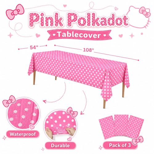 Image of Blue Orchards Pink Polka Dots Table Cover (Pack of 3 with 20 Glue dots) - 54 inchx108 inch XL - Pink and White Dots Plastic Tablecloth, Girl Decoration, Baby Shower, Cartoon Themed Birthday Party Supplies