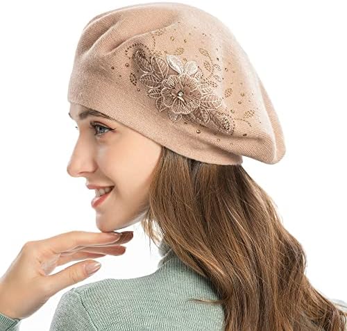 ZLYC Womens French Beret hat, Reversible Solid Color Cashmere Mosaic Warm Beret Cap for Girls (Flower Beige)
