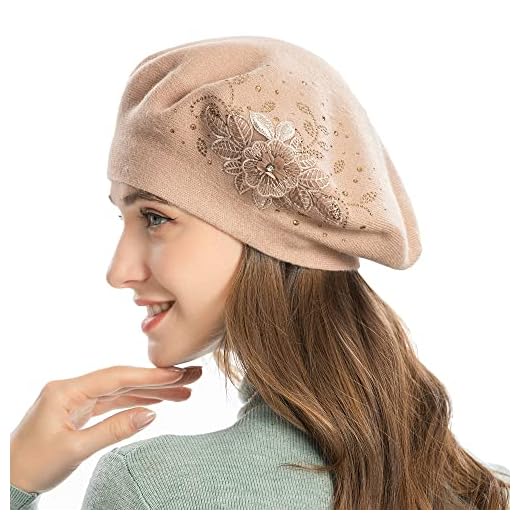 ZLYC Womens French Beret hat, Reversible Solid Color Cashmere Mosaic Warm Beret Cap for Girls (Flower Beige)