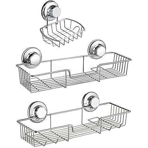 SANNO Suction Cups Shower Caddy Soap Dish Holder for Large Shampoo Shower Gel Holder Bathroom Storage Bath Organizer Kitchen Storage Basket for Shampoo, Conditioner, Soap- Rustproof Stainless Steel Cover