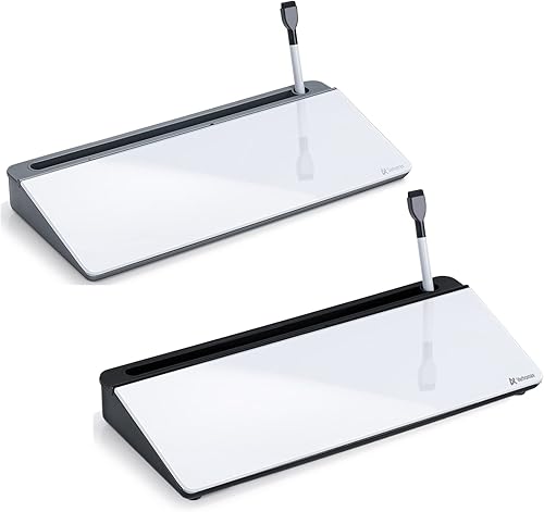 Pizarra blanca de vidrio de escritorio con base gris y base negra, organizador de escritorio Varhomax y almohadilla de notas de escritorio para