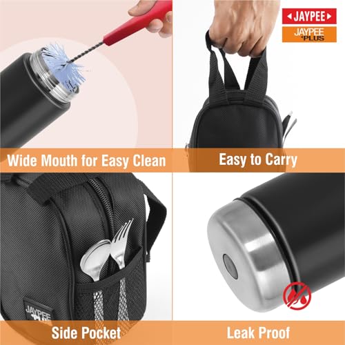 Image of Jaypee Plus Nutri Jar Stainless Steel Vacuum Insulated Food Jar With Bag & Spoon|Hot And Cold Thermal Flask|Double Walled Scratch Resistant Ideal for Office, School, Gym & Travelling | 550 ml, Black