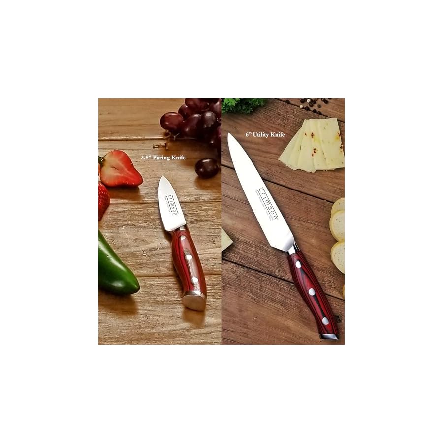 Ergo Chef Crimson Series Bamboo Block knife Set Forged High Carbon X50CrMoV15 German Stainless-Steel, Full Tang, G10 Handles (16pc. Block Set)