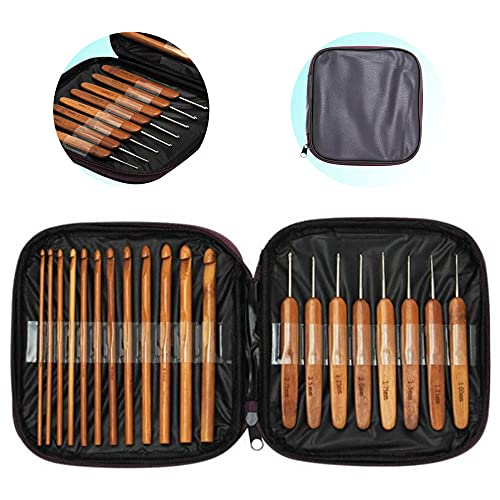 Kit Com 20 Agulhas De Crochê De Bambu Madeira Com Estojo