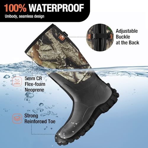 HISEA Upgraded Men's Rain Boots, Waterproof Insulated Neoprene Rubber Boots with Steel Shank, Durable Anti-Slip Outdoor Work Boots for Hunting Gardening Farming Fishing Mud Working, Adjustable Calf2
