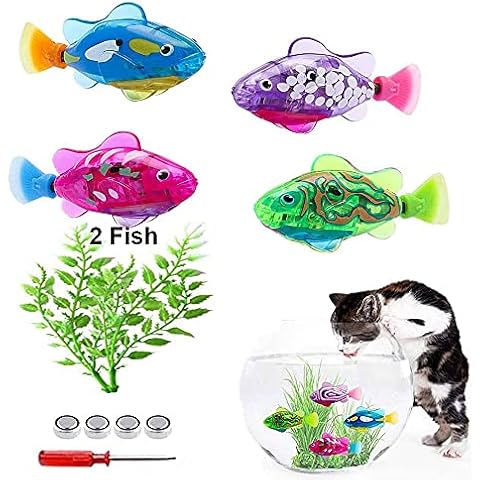 Swimming Robot Fish Toy for Cats, 2Pcs Fish Tank Toy Cat Interactive Pet Toy Electric Fish with LED Light Swimming Baby Bath Toy Cover