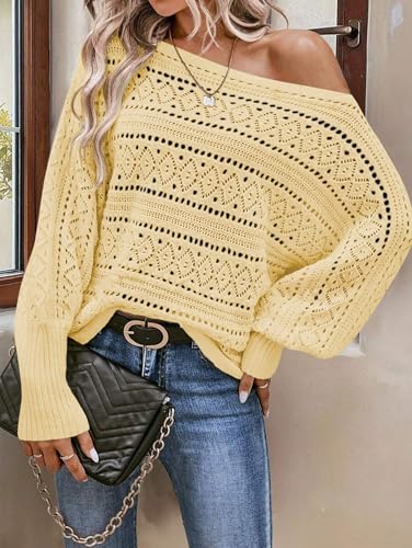 Image of Cakulo Womens Off Shoulder Crochet Sweater Top 2025 Fall Fashion Batwing Long Sleeve Sweaters Outfits Yellow XL