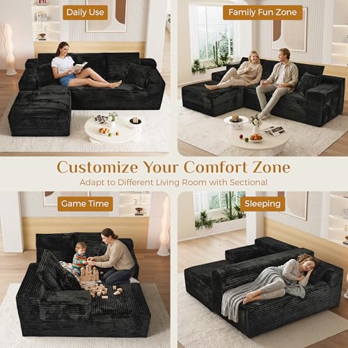 Image of 108 inch Boneless Cloud Sectional Couches for Living Room, Comfy Fluffy L Shaped Memory Foam Deep Seat Boneless Couch, Modular Sectional Sofa with Left Facing Chaise, Black
