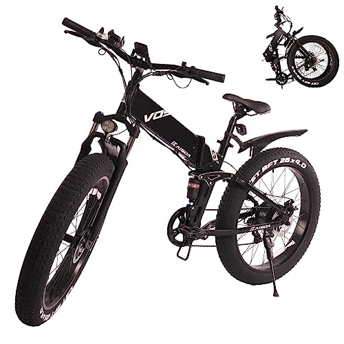 K3 FATBIKE Bicicleta Eléctrica Plegable de 26 Pulgadas de Neumático Grueso, Bicicleta de Montaña Eléctrica con Batería Extraíble 48V10AH de Shimano 7 Velocidades, con Aortiguador Trasero