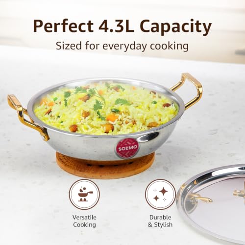 Image of Amazon Brand - Solimo Premium Triply Stainless Steel Kadhai 28cm (4.3L) | SS Lid | Even Heating | Gas & Induction Compatible | Dishwasher Safe | Food Safe SS 304 | Elegant Golden Handles | BIS Certified