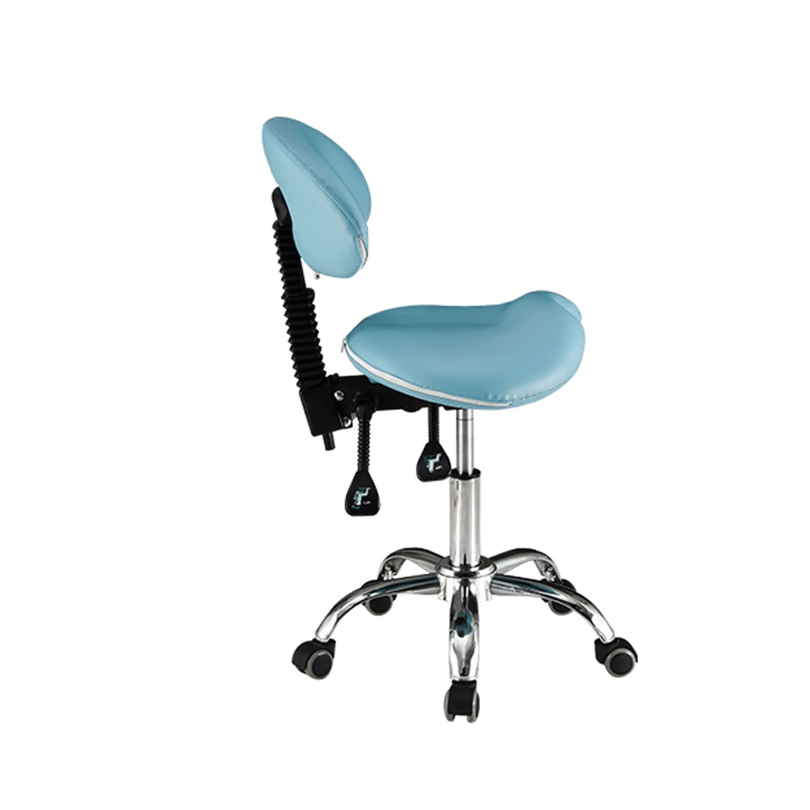 Ergonomiczny stołek podsiodłowy z podparciem pleców i kółkami, hydrauliczny, regulowany, obrotowy, do salonów i higienistek stomatologicznych