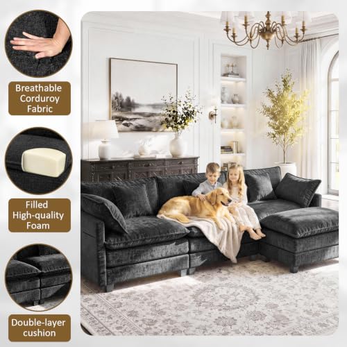 Image of 112 inch L-Shape Modular Sofa with 1 Ottomans, Deep Seat Cloud Convertible Sleeper, 3 Throw 2 Arm Pillows, Comfortable Upholstered Furniture for Living Room Apartment, Black