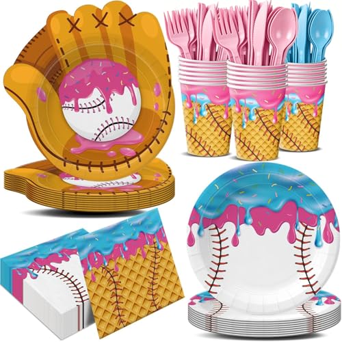 168pcs Ice Cream Drip Baseball Party Supplies Paper Plates Napkins Disposable Sports Ball Tableware Set Paper Cups Ice Cream Drip Baseball Birthday Decorations for Boys Birthday Decor 24 Guests