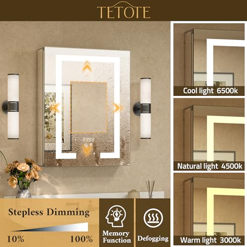 Image of Lighted Medicine Cabinet Mirror for Bathroom 40 x 32 LED Mirrored Medicine Cabinet with 3-Color Lights, 2 Door Tempered Glass Recessed or Surface Mount Cabinet, Outlets & USB, Adjustable Shelf