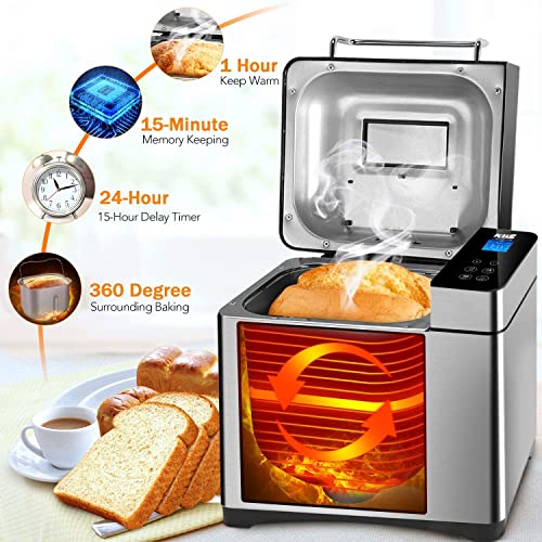 Kbs Large 17-In-1 Bread Machine, 2Lb All Stainless Steel Bread Maker With Auto Fruit Nut Dispenser, Nonstick Ceramic Pan, Full Touch Panel Tempered Glass, Reserve& Keep Warm Set, Oven Mitt And Recipes #TOP4