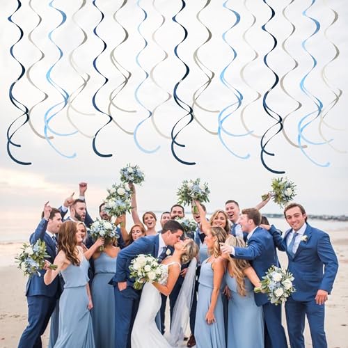 Image of 36 Pcs Dusty Blue Gray Hanging Swirl Decorations Navy Blue Grey Felt Swirl Streamer Spiral Ceiling Garland for Baby Shower Wedding Birthday Engagement Ahoy Achor Nautical Graduation Party Supplies