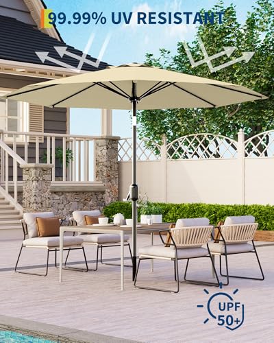 10 Ft Patio Umbrella with Solar Lights, 8 Ribs Outdoor Market Table Umbrella with 40 LED Lights & Tilt Crank for Pool, Deck, Backyard, Beige