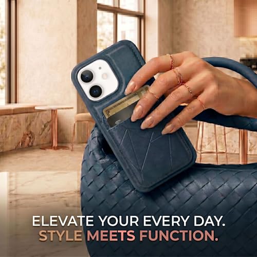 Image of amazon basics Premium Vegan Leather Back Cover with Card Holder and Integrated Mobile Stand for iPhone 12 - Slim Shockproof Wallet Case with Geometric Stitching [Blue]