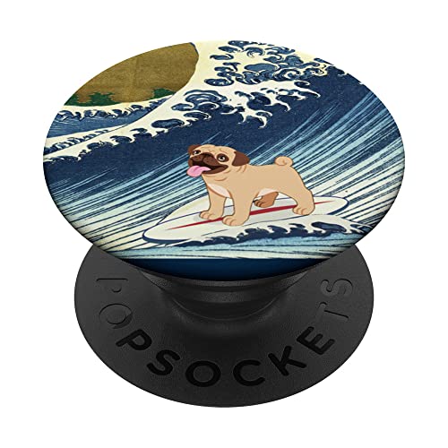 Mens Womens Kids Funny Retro Vintage Surfing Wave Pug Lover PopSockets PopGrip Adhésif