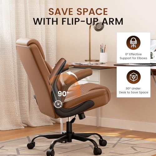 Image of GTPLAYER Leather Office Chair, Home Desk Chair with Flip-up Arms and Ergonomic Back - Comfy Heavy Duty Executive Chair for Home Office Gaming, Brown