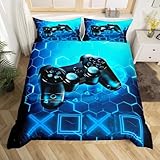 Gaming Funda Nórdica Niños Gamer Azul Videojuego Juego de Cama 135x200cm Juego de Consola de Nido de Abeja Decoración Dormitorio Set Geométrico Hexágono con 1 Funda de Almohada