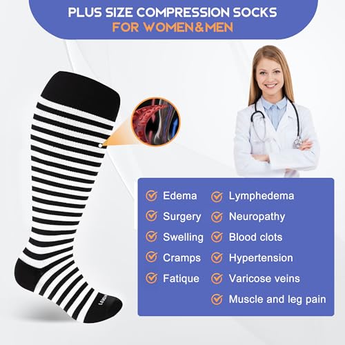 Image of LEVSOX Plus Size Compression Socks for Women Men Wide Calf Extra Large 15-20 mmHg Knee High Sock for Nurses Pregnant Travel
