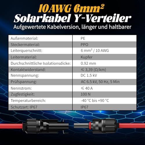 6 mm² Solarkabel Y-Verteiler, 4 Paar Solarkabel Y-Verteiler Solarpanel-Kabel MMF+FFM, 10AWG Solarpanel Y Stecker 1Y2, Solarpanel Kabelstecker, Photovoltaik Steckverbinder