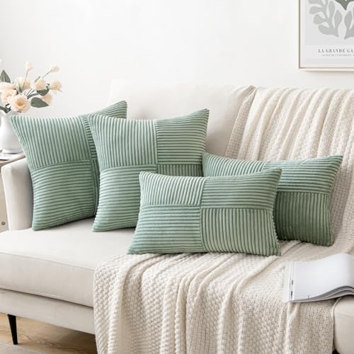 Image of MIULEE Greyish Green Decorative Throw Pillow Covers 18x18 Inch for Couch Bed Sofa Pack of 2 Boho Farmhouse Throw Pillows Soft Cross Corduroy Patchwork Textured Cushion Cases