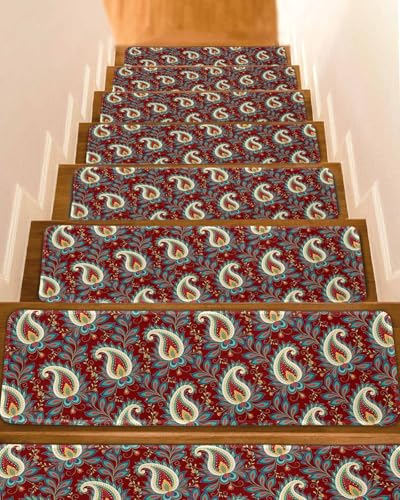 Stair Treads for Wooden Steps, Boho Cashew Flower on Red