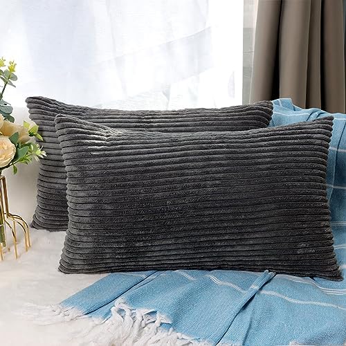 CALIYO Kissenhülle Kord Uni 2er Set, Kissenbezug 40x80 Kissenbezüge für Zierkissen Dekokissen Sofakissen Couchkissen in vielen Farben Dunkelgrau