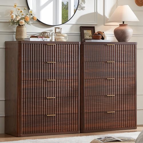 Image of LEYAOYAO Fluted 5 Drawers Dresser Set of 2, 41 inch Tall Modern Chest of Drawers with Metal Handle, Curved Profile Dresser TV Stand, Wooden Drawer Organizer for Bedroom, Living Room, Hallway, Walnut