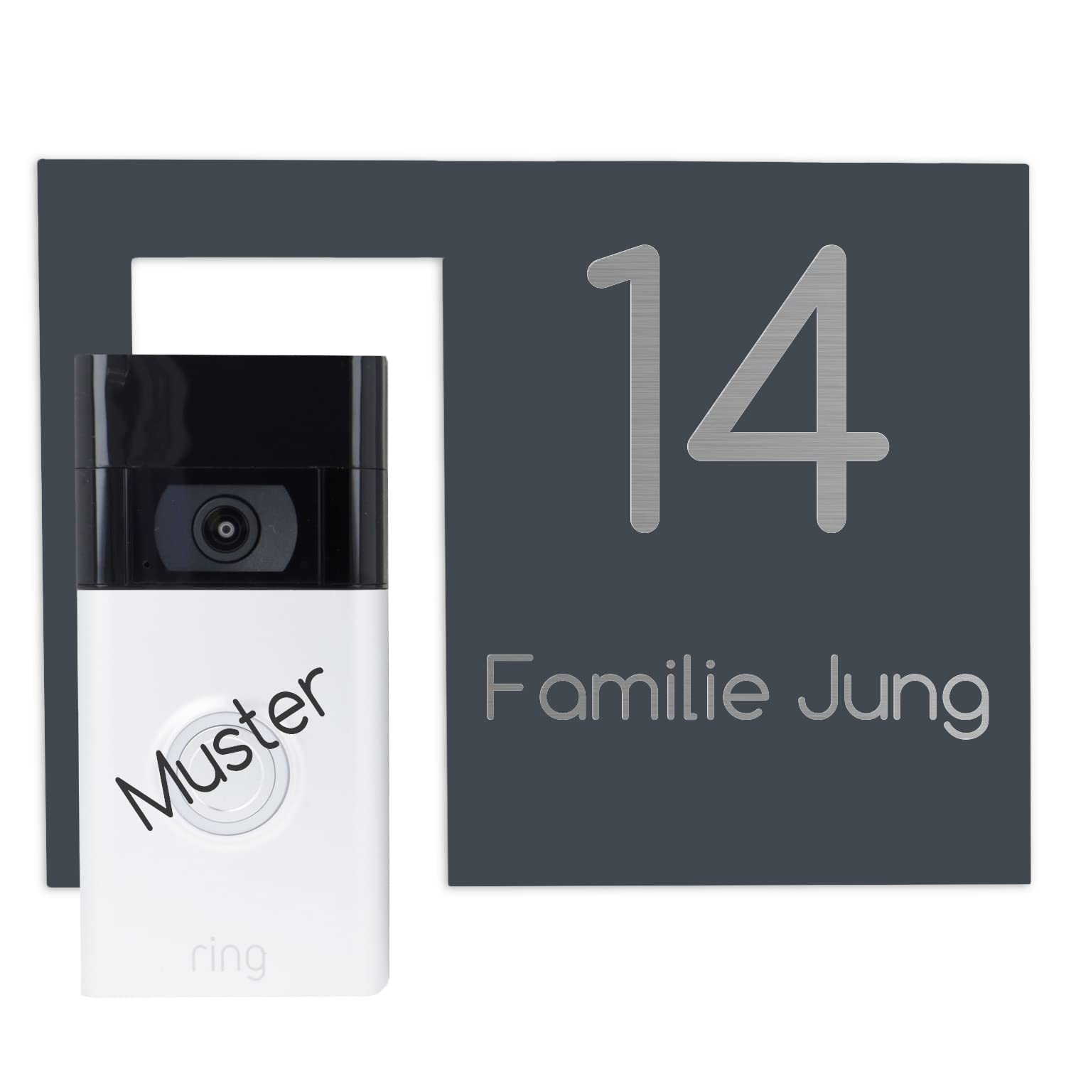 Jung Edelstahl Design Modernes V2A Edelstahl Türschild anthrazit RAL7016 pulverbeschichtet optimiert für Ring Akku-Videotürklingel Klingelschild 20x14,5 cm Haustürschild individuell personalisierbar