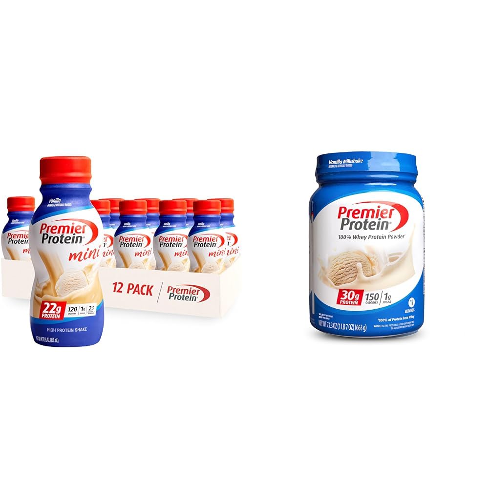 Premier ProteinShake MINIs Vanilla 22g Protein 120 Calories Pack of 12 & Powder Vanilla Milkshake 30g Protein 17 Servings 23.3 Ounces
