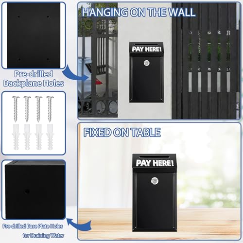 Metal Donation Box with Lock – Wall Mounted Cash Money Box with Slot for Cash Deposit, Hualleko Money Drop with Lock and Slot for Home/Office/Outdoors 10.2 x 5.6 x 2.9 Inch(Black)