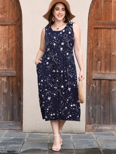 Image of LARACE Women's Plus Size Sleeveless Maxi Dress Casual Crew Neck Pleated Flowy Long Dresses with Pockets L-6XL