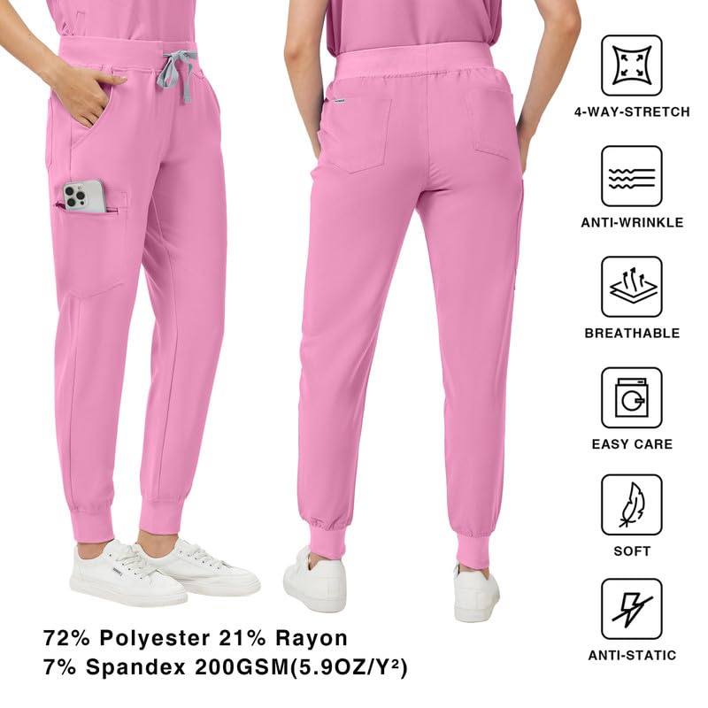 Image of Kitmaz Scrub Pants for Women - Mid Rise 4-Way Stretch Anti-Wrinkle Slim Fit Jogger Pants, Drawstring & 5 Pockets