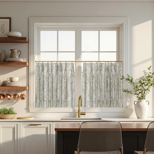 Image of TWOPAGES Pinch Pleat Leaf Print Cafe Curtains, Dove Grey, 52W x 36L