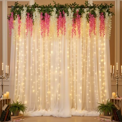 Image of Party Propz White Backdrop for Decorations with Artificial Ivory and Pink Wisteria Flower - 9 Pcs Net Curtain Backdrop Decoration for Wedding, Haldi, Puja, Birthday, Background Decoration Items