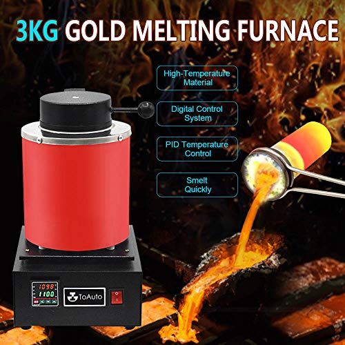 TOAUTO 3KG Gold Melting Furnace TGF3000,1400W 2000F Digital Electric Melting Furnace with Graphite Crucible for Melt Scrap, Silver, Gold, Copper, Aluminum 110V Refining Casting Furnace