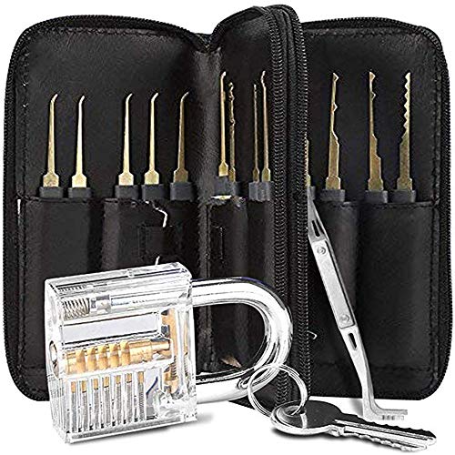 28-teiliges Dietrich Set mit transparenten Vorhängeschloss/Sicherheitsschloss und Lockpick-Pistole und 5-in-1 Kreditkarte Lockpicking-Set