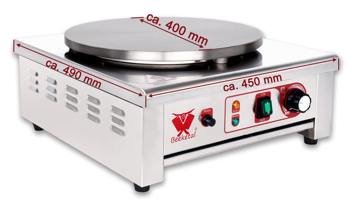 Beeketal 'BC40-1' Gastro Crepes Maker mit Ø 400 mm Gusseisen Crepesplatte, 50-300 °C stufenlos einstellbar, Profi Crepiere im Edelstahl Gehäuse mit extra Schublade