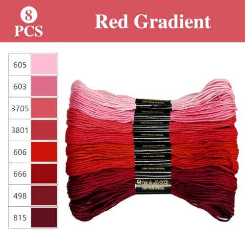 Image of 8 Shades Red Gradient Embroidery Thread Set - 8 Meters Each for Hand Embroidery Sewing Crafts (Pink to Burgundy Ombre)(67976)