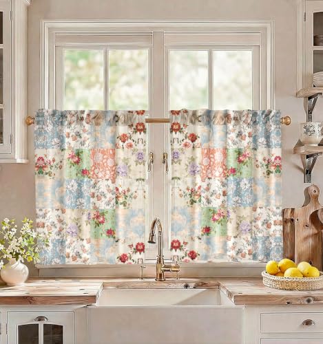 Image of Miss Adola Boho Kitchen Curtains - 30 Inch Length Linen Blend Vintage Floral Cafe Curtains Country Tier Curtain Short Drapes Rod Pocket for Bathroom Living Room Windows Light Filtering, 2 Panels