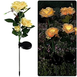 Allwin Outdoor tuinpaalverlichting op zonne-energie, rozenbloemen, decoratief licht, led-waterdicht, op zonne-energie, voor patio, binnenplaats, pad, pad, achtertuin, gazon decoratie, geel