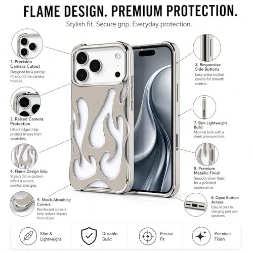 Image of TPU 3D Flame Fire Design Converter Case for iPhone 17 Pro Max | Premium Shockproof Slim Fit Back Cover | Stylish Aesthetic Black Protective Case for Men & Women -Silver